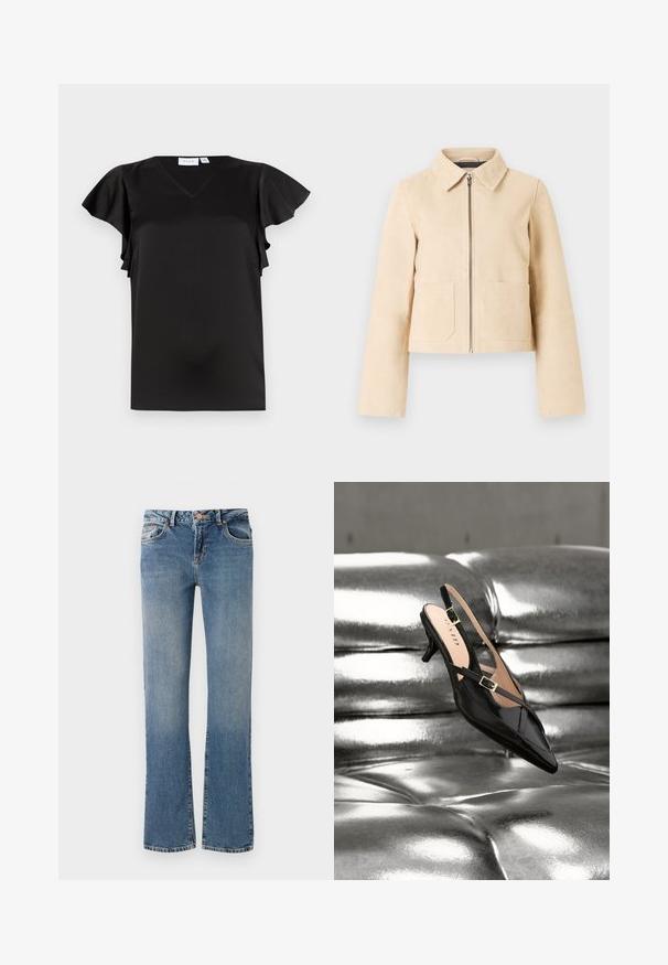 Veste courte beige à manches longues, col pointu, fermeture éclair à l'avant et deux poches plaquées sur le devant sur un fond clair.; Blouse noire à manches courtes avec col en V et manches flottantes, en tissu lisse et léger, présentée sur fond blanc.; Jean en denim bleu clair à coupe droite, légèrement évasé à l'ourlet, design à cinq poches et rivets en cuivre à la taille et aux poches.; Escarpin slingback à petit talon en cuir verni noir avec boucle dorée reposant sur un revêtement en cuir argenté capitonné et brillant.