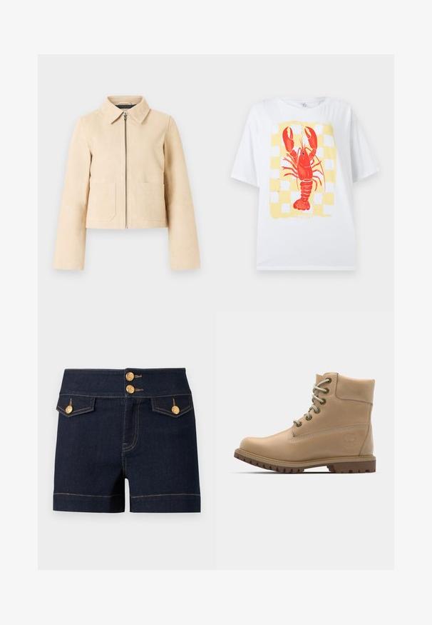Beige cropped jack met lange mouwen, puntige kraag, rits aan de voorkant en twee voorzakken op een lichte achtergrond.; Witte T-shirt met korte mouwen, voorzien van een grote afbeelding van een rode kreeft, gecentreerd op een lichtgeel-wit dambordpatroon.; Donkerblauwe denimshorts met hoge taille, twee voorvakken met klep en gouden decoratieve knopen op de tailleband en zakken.; Beige leren enkelboot met een ronde neus, beige veters en een robuuste zool. Beschikt over zijstiksels en een rond logo op de hak.
