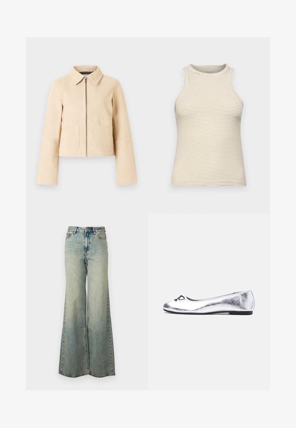 Beige cropped jakke med lange ærmer, spids krave, frontlynlås og to forlommer på en lys baggrund.; Udenærmet top med høj krave, lavet af tekstureret stof med tynde vandrette beige og hvide striber. Tætsiddende design, ingen synlig hårdware.; Lyseblå vide jeans lavet af denim, med høj talje, bleget vask og sidelommer med synlige stikninger.; Sølvmetallic balletflat med en lille sort sløjfe på den runde tå og en lav sort sål.