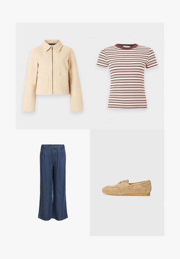Beige cropped jack met lange mouwen, puntige kraag, rits aan de voorkant en twee voorzakken op een lichte achtergrond.; Korte mouwen ribgebreid T-shirt met horizontale strepen in roze, bruin en crème, met een bruine ronde halslijn.; Rechtemodel donkere blauwe denim broek met een elastische tailleband en riemlussen, zonder zichtbare zakken, weergegeven tegen een witte achtergrond.; Beige suède mocassin schoen met een ronde neus, decoratieve stiksels, veters en een rubberen zool. Merklogo zichtbaar op de zijkant.