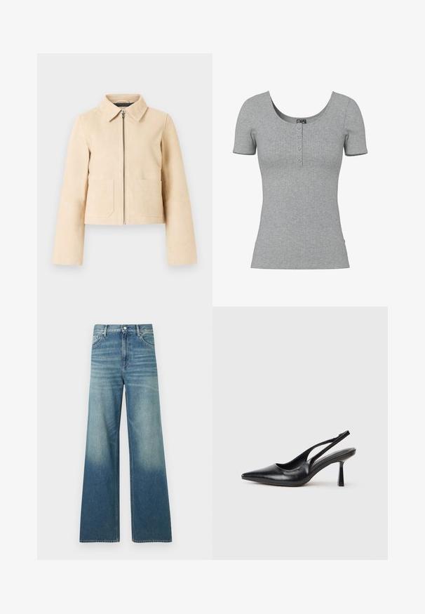 Veste courte beige à manches longues, col pointu, fermeture éclair à l'avant et deux poches plaquées sur le devant sur un fond clair.; Haut gris côtelé à manches courtes avec un col rond en U et quatre petits boutons en ligne au centre devant.; Jean en denim bleu taille haute avec une coupe large, poches avant, fermeture par boutons et détails délavés sur les cuisses et le bas des jambes.; Chaussure à talon haut en cuir noir, à bride arrière, avec un bout pointu et un talon fin sur fond blanc.