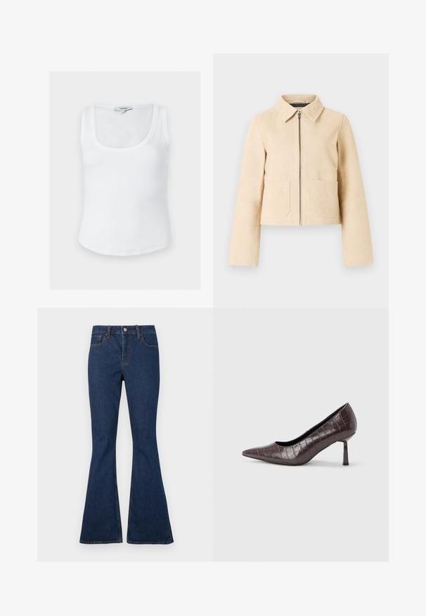 Veste courte beige à manches longues, col pointu, fermeture éclair à l'avant et deux poches plaquées sur le devant sur un fond clair.; Débardeur blanc côtelé sans manches avec encolure dégagée et étiquette Topshop à l'arrière du col intérieur, présenté sur un fond uni.; Jean en denim bleu foncé avec une taille ajustée et des jambes évasées, doté de poches avant et de surpiqûres contrastées visibles.; Escarpins à bout pointu en similicuir marron avec une texture crocodile, dotés d’un talon fin et angulaire ainsi que d’une doublure intérieure lisse.