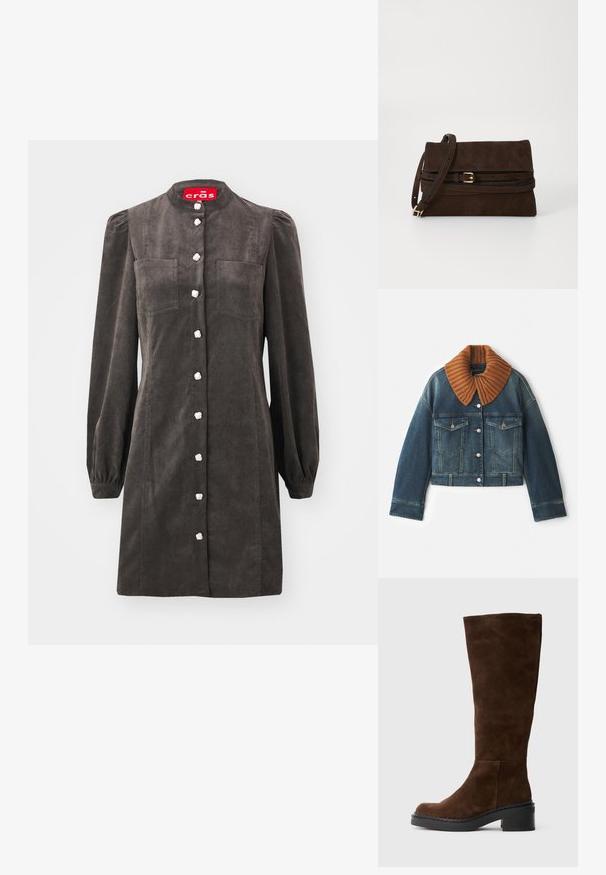 Dondup Jeansjacke - blue; Dunkelgraues Cordkleid mit langen, gepufften Ärmeln, durchgehender Knopfleiste, zwei Brusttaschen und perlenähnlichen Knöpfen. Glatte Textur und taillierte Passform.; Hohe dunkelbraune Wildlederstiefel mit gestapeltem schwarzen Absatz und gestickter Sohle, von der Seite auf einem schlichten hellen Hintergrund gezeigt.; Braune Wildleder-Clutch mit einem Umschlag-Design, das mit einem Leder-Gürtelakzent, einer goldenen Schnalle und einem verstellbaren Schultergurt versehen ist.