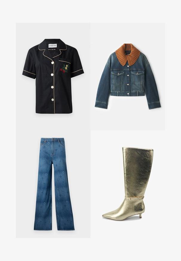 Dondup Cowboyjakker - blue; Sort kortærmet skjorte med kontrasterende beige piping, fem-knaps frontlukning og en venstre brystlomme med blomsterbroderi.; Bredde ben denimjeans i mørkeblå, med et diskret heltryk og klassisk fem-lomme-design. Syningen står i kontrast til stoffet.; Guldmetallic knæhøje støvler med spids tå og lille hæl, der har en dekorativ spændeaccent ved ankelområdet. Glat tekstur.