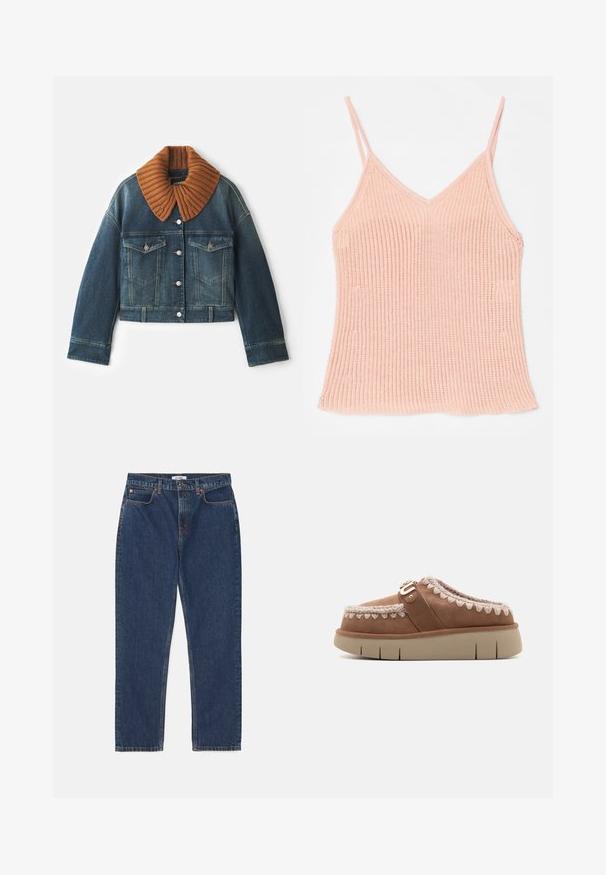 Dondup Spijkerjas - blue; Perzikkleurige gebreide camisole, met dunne verstelbare bandjes, een V-hals ontwerp, geribbelde textuur en een rechte zoom.; RE/DONE LOOSE LONG - Straight leg jeans - dark blue denim; Bruine leren instapper met een beige rubberen zool, contrasterend gevlochten detail op de bovenkant en een decoratieve gesp-accent.
