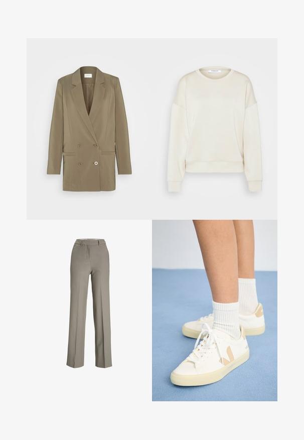 Dobbeltradet blazer i olivengrøn med slagkrave, to forlommer og subtil tekstur. Designet med en struktureret pasform.; MSCH Copenhagen SWEATSHIRT - Sweatshirt - oatmeal; Lys grå, brede bukser lavet af et glat stof med en skræddersyet talje, frontfolder og sidelommer.; Hvide sneakers med brune detaljer, rund tå og hvide snørebånd. Båret sammen med ribbede hvide strømper, sat mod en lys blå baggrund.