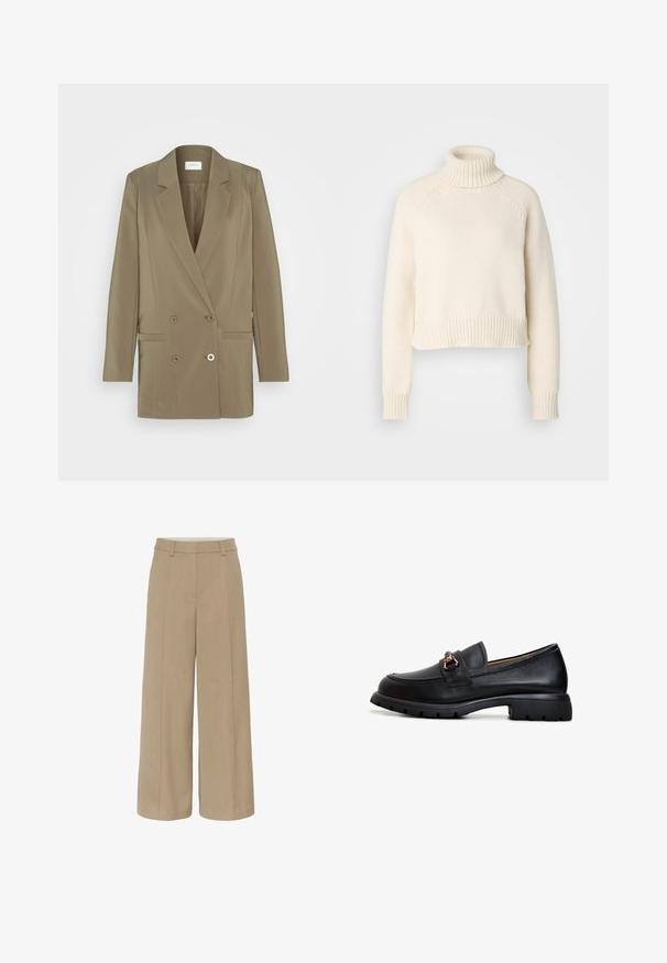 Dobbeltradet blazer i olivengrøn med slagkrave, to forlommer og subtil tekstur. Designet med en struktureret pasform.; Cremefarvet turtleneck sweater, cropped design, ribbet halskant og kant, tekstureret strikket stof, lange ærmer med tætsiddende manchetter.; Beige vidde bukser med høj talje, der har fremadrettede folder, bæltesløjfer og skræddersyede sømme for en struktureret pasform.; Sort læder loafersko med rund tå, dekorativt guldsmykke og en robust gummisål med et struktureret grebmønster.