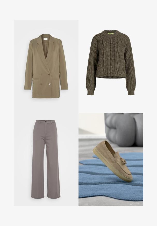 Dobbeltradet blazer i olivengrøn med slagkrave, to forlommer og subtil tekstur. Designet med en struktureret pasform.; Chunky strikket olivengrøn langærmet sweater med ribstrikkede manchetter, rund halsudskæring og en let kortere pasform.; Bredde bukser i et blødt gråt stof. Har en knaplukning og rene sømme. Glat tekstur uden synlige mønstre eller udsmykninger.; Beige ruskindsløv med kvaster svæver over et blåt struktureret tæppe, blødt gråt sæde i den slørede baggrund.