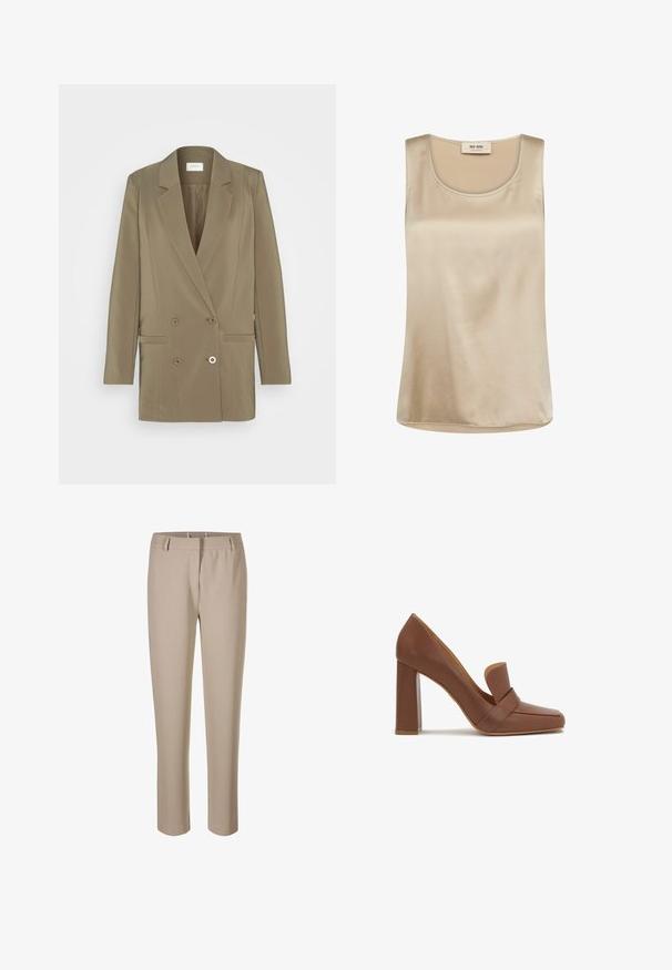 Dubbelbreasted blazer in olijfgroen, met een gekartelde kraag, twee voorzakken en subtiele textuur. Ontworpen met een gestructureerde pasvorm.; Mouwloze beige satijnen top met ronde hals en Mos Mosh-label aan de binnenzijde van de kraag.; Beige op maat gemaakte broek met riemlussen, voorrits en rechte pijpen op een witte achtergrond.; Bruine leren hoge hak schoen met een vierkante neus en een brede band over de voorkant. De hak is blokvormig en stevig.