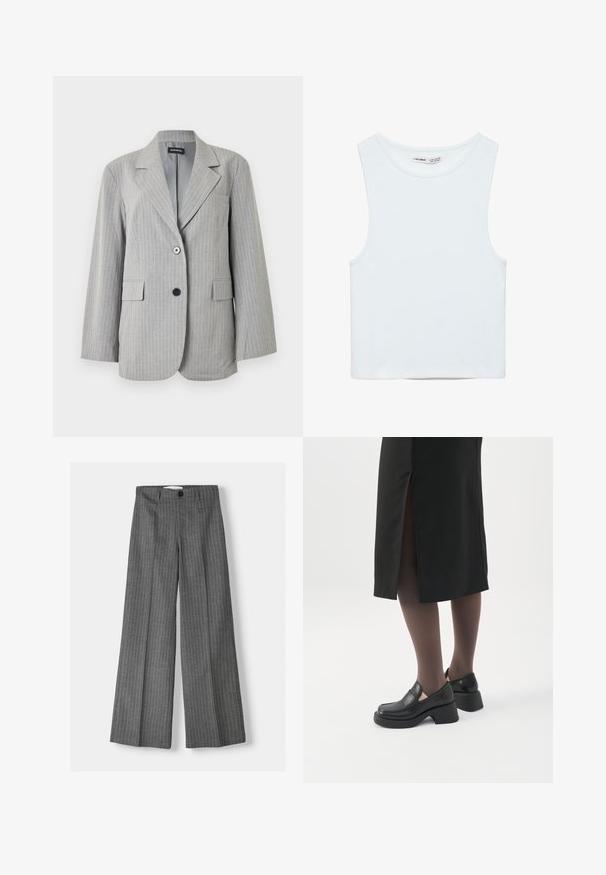 Lysegrå blazer med nålestriber, opdelt revers, to forlommer med klap og to knapper i forskellige farver på frontlukningen.; Hvid ærmeløs crop top med rund halsudskæring, lavet af glat stof, mærket Pull&Bear, egnet til afslappet brug.; Grå brede bukser med stribe-mønster, udstyret med knaplukning og to forlommer. Lavet af tekstureret stof.; Kvinde iført sorte loafers med chunky hæl, sorte tynde strømpebukser og en sort nederdel med slids bagpå på hvid baggrund.