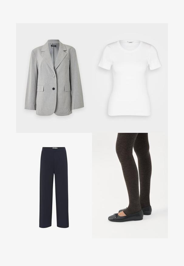 Hellgrauer Nadelstreifenblazer mit aufgeschlagenem Revers, zwei vorderen Pattentaschen und zwei unterschiedlich farbigen Knöpfen am vorderen Verschluss.; Weißes Baumwoll-T-Shirt mit kurzen Ärmeln, rundem Ausschnitt und gerippter Textur. Schmal geschnittenes Design mit einer glatten, sauberen Verarbeitung.; Marineblaue, weit geschnittene Hose aus weichem Stoff mit elastischem Bund und ohne sichtbare Taschen oder Verzierungen.; Beine in dunklen, gerippten Leggings kombiniert mit schwarzen Ballerinas mit kleinen Schleifendetails auf weißem Hintergrund.