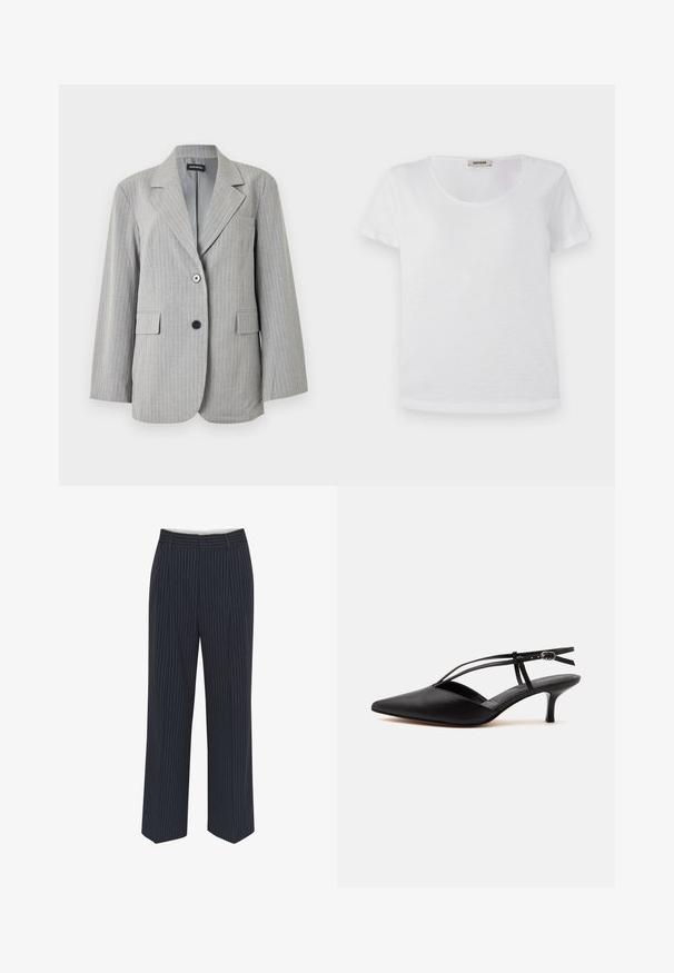 Lysegrå blazer med nålestriber, opdelt revers, to forlommer med klap og to knapper i forskellige farver på frontlukningen.; Hvid kortærmet t-shirt lavet af blødt stof, med rund halsudskæring og lige kant uden synlige mønstre eller detaljer.; Mørkeblå bukser med hvide lodrette striber, vide ben, glat stof, bælteløkker og en midtersøm foran for et skræddersyet udseende.; Sort læder spids tå kitten heel med tynd ankelrem og spænde, slingback design, på en ensfarvet lys baggrund.