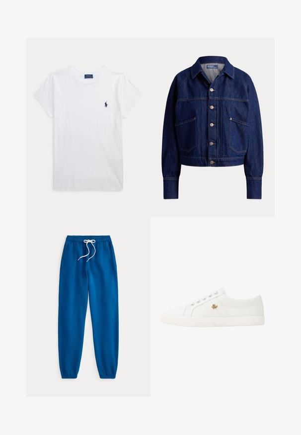 Veste en jean bleu foncé avec fermeture boutonnée sur le devant, deux grandes poches inclinées, manches longues et col.; T-shirt blanc à manches courtes et col rond avec un petit logo Polo Ralph Lauren bleu marine sur la poitrine gauche.; Pantalon de survêtement bleu à taille élastique avec cordon blanc et poignets aux chevilles, posé à plat sur un fond blanc.; Lauren Ralph Lauren JANSON II CANVAS SNEAKER - Baskets basses - optic white
