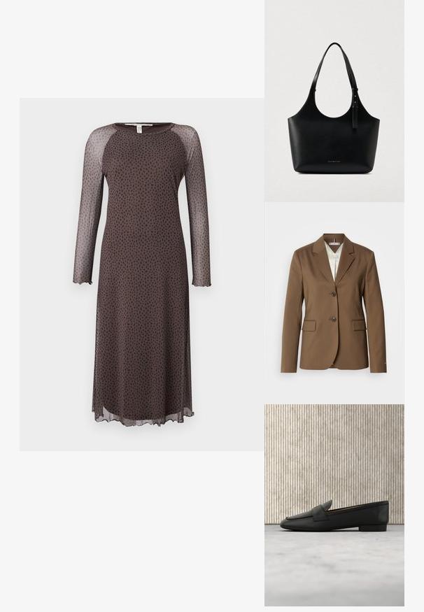 Brauner maßgeschneiderter Blazer mit Kerbklappen, zwei Knöpfen und Klappentaschen. Glatte Textur, strukturiertes Design und komplett gefüttertes Innenfutter.; Braunes Midi-Kleid mit langen durchsichtigen Ärmeln, das ein verstreutes Muster aus schwarzen Punkten aufweist, einen runden Halsausschnitt und einen gewellten Saum hat. Glatte Textur.; Schwarze Lederlofer mit goldener Akzentuierung, runder Zehenform und glatter Textur, die über einer reflektierenden Oberfläche mit metallicregalen schwebt.; Schwarze Ledertasche mit verstellbarem Schultergurt und kleinem goldenen Tommy Hilfiger-Logo, das zentral am unteren Vorderteil angebracht ist.