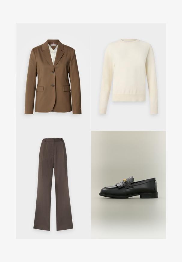 Blazer marrón a medida con solapas con muesca, dos botones y bolsillos con solapa. Textura suave, diseño estructurado y forro interior completo.; Suéter de color crema claro con mangas largas, cuello redondo y dobladillo de canalé. Fabricado con un material suave, presenta una textura lisa.; Pantalones de pierna ancha en una tela marrón sólida, con una textura suave, lazos para cinturón, pliegue frontal y sin bolsillos visibles.; Mocasín de cuero negro con detalle de flecos y emblema dorado sobre un fondo neutro, visto de lado.