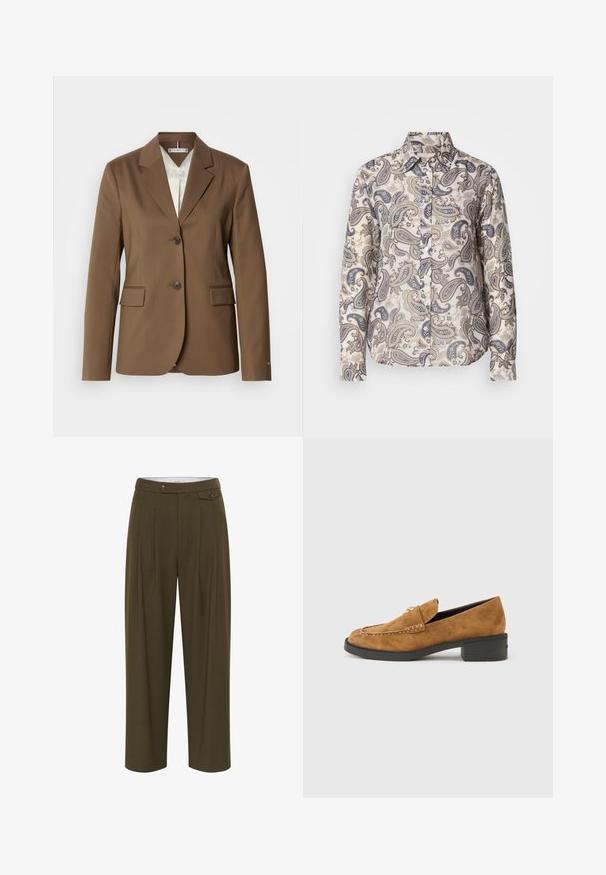 Brun skræddersyet blazer med hakkede revers, to knapper og lommeklapper. Glat tekstur, struktureret design og fuldt foret inderside.; Langærmet skjorte i let stof med et beige og blåt paisley-mønster, klassisk krave og knaplukning foran.; Oliven grøn, høj talje bukser med plisseringer, lige ben design, to forlommer og knaplukninger til fastgørelse.; Brune loafers i ruskind med en lille sort hæl, med dekorative syninger og en frontklap. Glat tekstur og minimalistisk design.