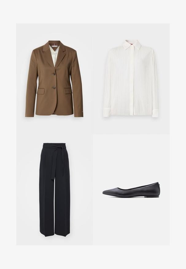 Brun skræddersyet blazer med hakkede revers, to knapper og lommeklapper. Glat tekstur, struktureret design og fuldt foret inderside.; Hvid plisseret skjorte med klassisk krave, lange ærmer og knaplukning, der har en blød tekstur og subtil glans.; Vide sorte bukser lavet af blød stof. Har en bælteholdbar talje og frontfolder. Glat tekstur med et rent, moderne design.; Sort flad lædersko med spidst tåparti og lav hæl, vist i sideprofil mod en hvid baggrund.