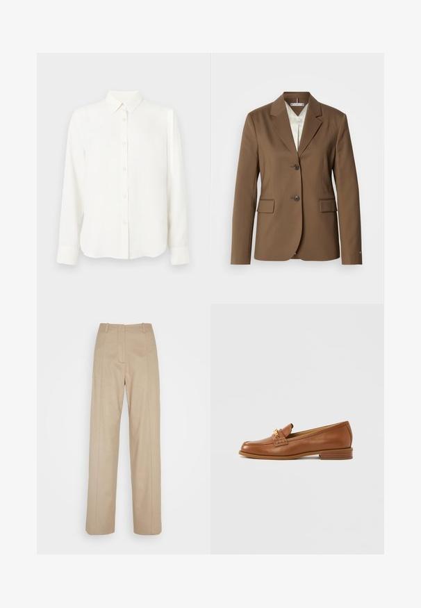 Blazer marron sur mesure avec revers crantés, deux boutons et poches à rabat. Texture lisse, design structuré et intérieur entièrement doublé.; Chemise blanche à manches longues, boutonnière, avec col et poignets, design simple et épuré, présentée sur un fond blanc.; Calvin Klein TAILORED STRAIGHT PANT - Pantalon classique - cinder; Mocassin en cuir marron avec un bout rond, une bride décorative et un petit talon. Texture lisse, détails de couture subtils et accents en métal doré.
