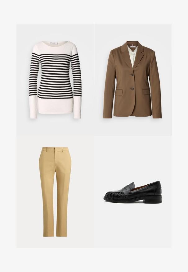 Brauner maßgeschneiderter Blazer mit Kerbklappen, zwei Knöpfen und Klappentaschen. Glatte Textur, strukturiertes Design und komplett gefüttertes Innenfutter.; Langärmliges gestreiftes Oberteil mit schwarzen und weißen horizontalen Streifen, Bootsausschnitt-Design und taillierter Silhouette. Material aus Baumwollmischung.; Beige gerade geschnittene Hose mit Gürtelschlaufen, vorderer Bügelfalte und einem schlichten Bund vor einem einfarbigen Hintergrund.; Schwarzer Lederloafer mit niedrigem Absatz, gesteppten Details vorne und einem dekorativen Riemen über dem Vorderfuß.