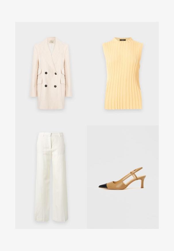 Blazer crème croisé avec larges revers, deux poches avant et boutons noirs. Tissu texturé à rayures verticales.; Haut sans manches jaune pâle en maille côtelée avec un col rond haut et des rayures texturées verticales.; Pantalon blanc sur mesure avec fines rayures verticales, fermeture éclair à l'avant, passants de ceinture et coupe droite.; Escarpins slingback couleur fauve avec embout pointu noir, côtés découpés et talon bloc de hauteur moyenne. Matière en cuir lisse.