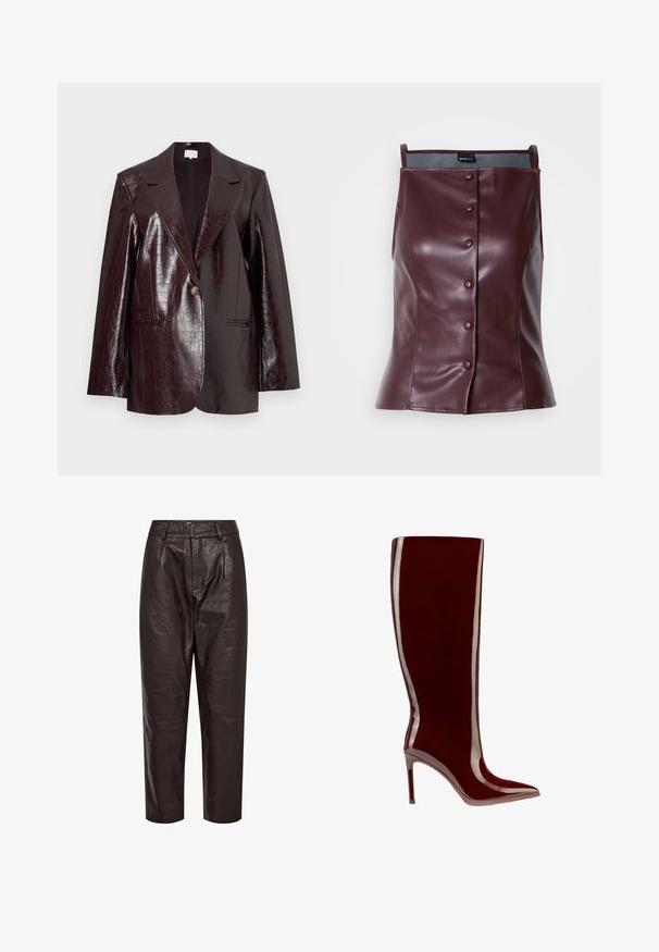 Blazer en simili cuir bordeaux foncé avec une texture crocodile, fermeture à un bouton, revers crantés et deux poches avant.; Top sans manches bourgogne en simili cuir avec une coupe ajustée. Présente une fermeture à boutons à l'avant et une texture lisse et brillante.; Pantalons en cuir marron avec une coupe droite, un devant plissé et une texture subtile. Comprend des passants de ceinture et une braguette zippée.; Botte cuissarde bordeaux brillante à talon aiguille, hauteur genou, bout pointu et talon haut fin, finition lisse et élégante.