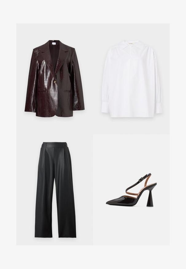 Donker bordeaux nep leren blazer met een krokodillenhuidstructuur, enkele knoopsluiting, notch-revers en twee voorkoze.; Witte blouse met lange mouwen, een scherpe kraag, gerimpelde schouders, knoopmanchetten en een klein knoopje bij de halslijn.; Zwarte wijde nepleren broek met hoge taille, knoopdetails op de tailleband en plooien aan de voorkant.; Zwarte gepatenteerde leren slingback schoen met een spitse neus, gesloten hiel en een brede conische hak. Voorzien van een dunne enkelband met een sluiting.