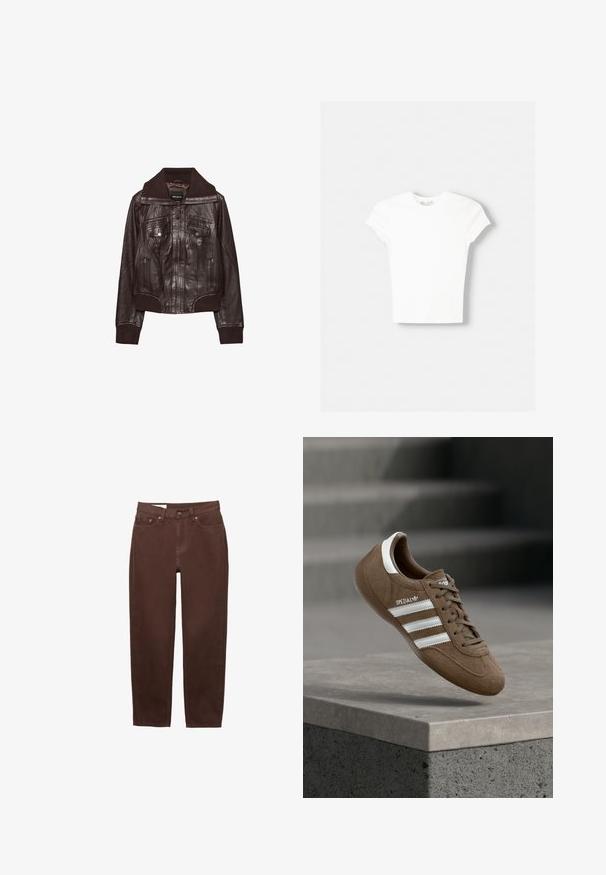 Donkerbruine leren jas met geribbelde kraag, manchetten en zoom, een rits aan de voorkant, twee borstzakken met rits en twee klepzakken met drukknopen.; Witte t-shirt met korte mouwen van zachte katoen, met een ronde halslijn en een getailleerde vorm. Geen zichtbare patronen of versieringen.; Bruine jeans met rechte pijpen, voorzien van een voorste knoop- en ritsluiting, en een ontwerp met vijf zakken op een witte achtergrond.; Bruine suède Adidas Spezial sneaker met witte strepen en veters, zwevend boven een grijze betonnen richel tegen een vervaagde trap op de achtergrond.
