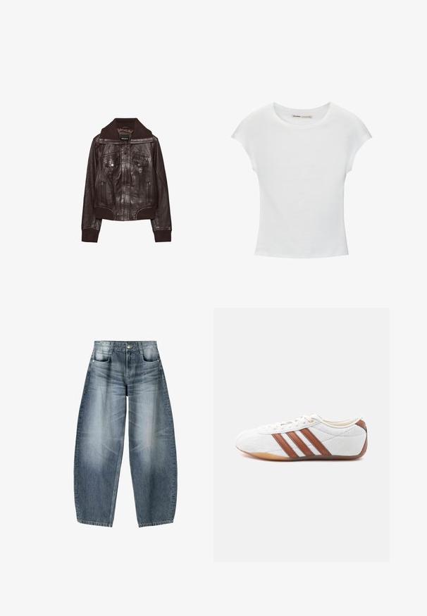 Donkerbruine leren jas met geribbelde kraag, manchetten en zoom, een rits aan de voorkant, twee borstzakken met rits en twee klepzakken met drukknopen.; Witte katoenen T-shirt met korte, opgerolde mouwen, een ronde halslijn en een rechte zoom. Gladde textuur zonder zichtbare patronen of accenten.; Wijd gesneden jeans van lichtblauwe denim met vervaging, met een vijf-pocket ontwerp, knoopsluiting en minimale stikdetails.; Witte lage sneaker met bruine leren strepen, veterluiting en een zool van gumrubber, gezien vanaf de binnenkant op een witte achtergrond.