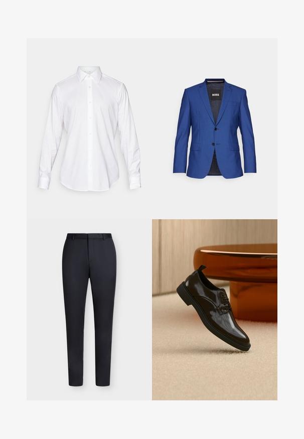 Blazer bleu en tissu texturé avec un devant à un seul bouton, deux boutons et des poches latérales ; étiquette de marque intérieure visible.; Chemise blanche à manches longues et à col classique, en tissu lisse, avec une patte de boutonnage à l'avant comportant de légers boutons arrondis.; Pantalon noir ajusté slim avec passants pour ceinture et fermeture avant dissimulée, présenté sur fond blanc.; Chaussure habillée noire brillante en cuir à lacets flottant au-dessus d'un tapis beige avec une table ronde marron brillante en arrière-plan.