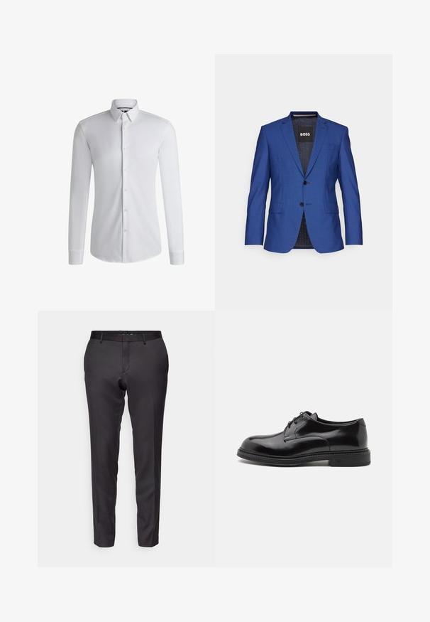 Blazer azul de tejido texturizado con un frente de una sola fila de botones, dos botones y bolsillos laterales; etiqueta de marca visible en el interior.; Camisa blanca de manga larga hecha de tejido suave, con un cuello abotonado y una fila de botones en la parte delantera. Diseño simple.; Pantalones negros a medida, confeccionados en una tela suave, con un corte ajustado, pierna recta y diseño de frente plano con trabillas para cinturón.; Zapato de vestir de cuero negro con un acabado suave, punta redondeada y cordones. Cuenta con una suela negra gruesa y un sutil detalle de costura a lo largo del borde.