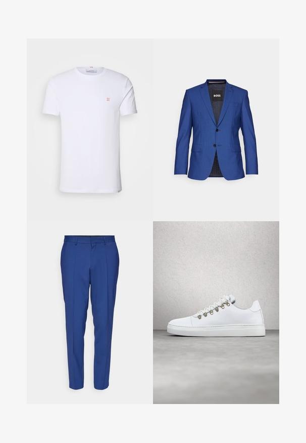 Blauwe blazer van gestructureerde stof met een enkelvoudige sluiting, twee knopen en zijzakken; merklabel aan de binnenkant zichtbaar.; Witte katoenen t-shirt met korte mouwen, met een klein oranje "II" logo op de linkerborst en een ronde halslijn. Eenvoudig ontwerp en textuur.; Blauwe op maat gemaakte broeken van een gladde stof, met een rechte voorkant, twee zijzakken en een taps toelopend ontwerp.; Witte leren sneakers met een gladde textuur, voorzien van gouden metalen veterogen, platte witte veters en een dikke witte zool. Minimalistisch ontwerp.