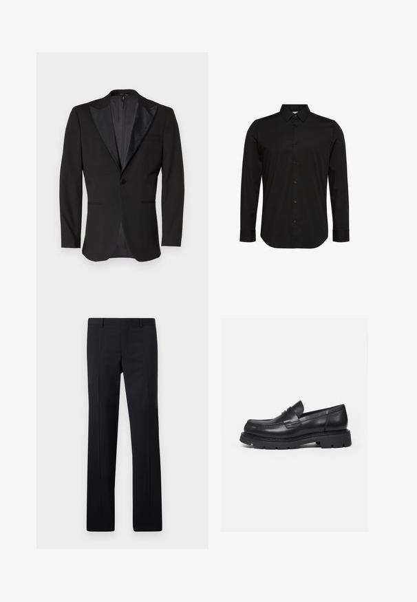 Schwarze Smokingjacke mit Satin-Pikeltaschen, einreihiger Knopfverschluss, zwei Fronttaschen und einem Schlitz hinten. Glatte Textur.; Schwarzes Langarmhemd aus glattem Stoff, mit spitzem Kragen, Knopfleiste vorne und kleinem Logo auf der Brust.; Schwarze maßgeschneiderte Hose mit geradem Schnitt, scharfen Falten und glatter Oberfläche. Hergestellt aus leichtem Stoff mit einem sauberen Bund.; Schwarzer Lederloafer mit dicker, profilierter Sohle und Pennyriemen-Detail, von der rechten Seitenansicht auf weißem Hintergrund gezeigt.