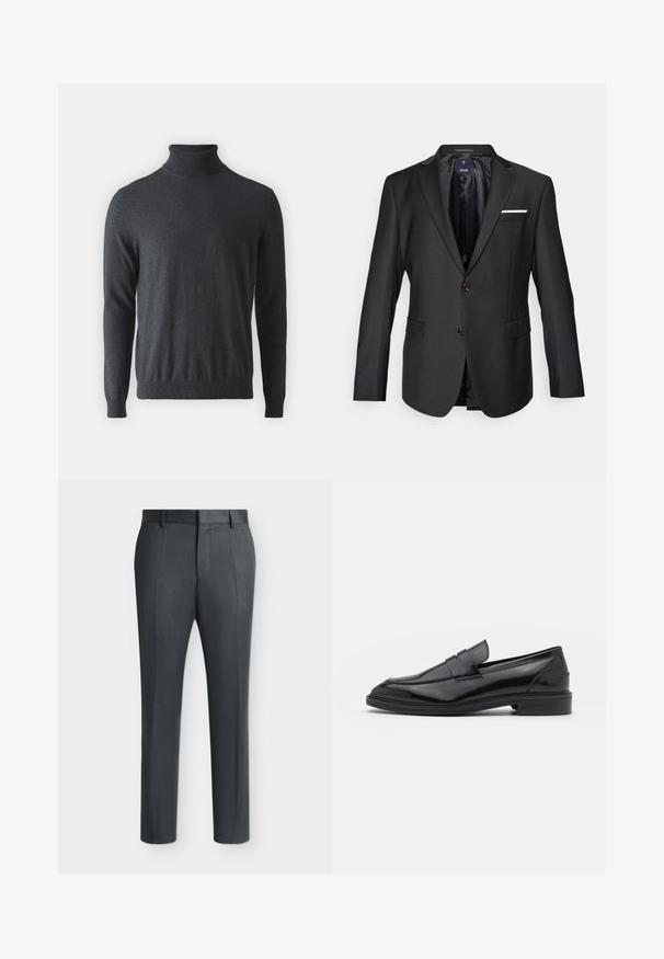 Zwarte blazer van gladde stof met een mooie revers, twee bruine knopen, twee voorzakken en een witte pochet als accent.; Donkergrijze coltrui van zacht, geribbeld breimateriaal. Heeft lange mouwen en een soepel aangesloten taille, met een hoge halsontwerp.; Donkergrijze formele broek met riemlussen en vouwlijnen, weergegeven op een effen lichte achtergrond.; Zwarte leren instappers met een gladde afwerking, voorzien van een ronde neus en een smalle band over de bovenkant. Lage gestapelde hak.
