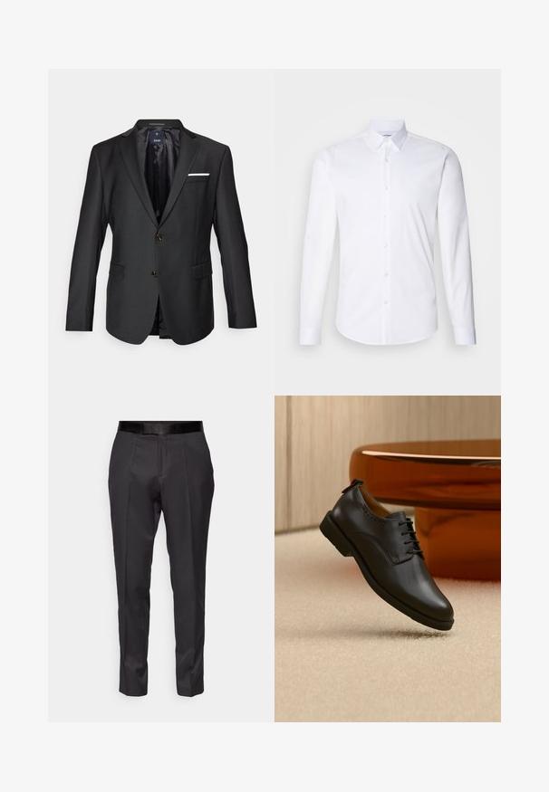 Sort blazer lavet af glat stof med spidse klapper, to brune knapper, to fremadskuende lommer og et hvidt lommetørklæde som accent.; Hvid langærmet skjorte med knaplukning lavet af glat bomuldsstof, med en klassisk krave, knaplukning og buet kant.; Sorte skræddersyede bukser med slim fit, flad front og diskret glans. Har en glat sort talje og kantdetaljer langs benene.; Sort lædersko med snørebånd, placeret svævende over lyst beige tæppe, orange rundt bord i baggrunden.