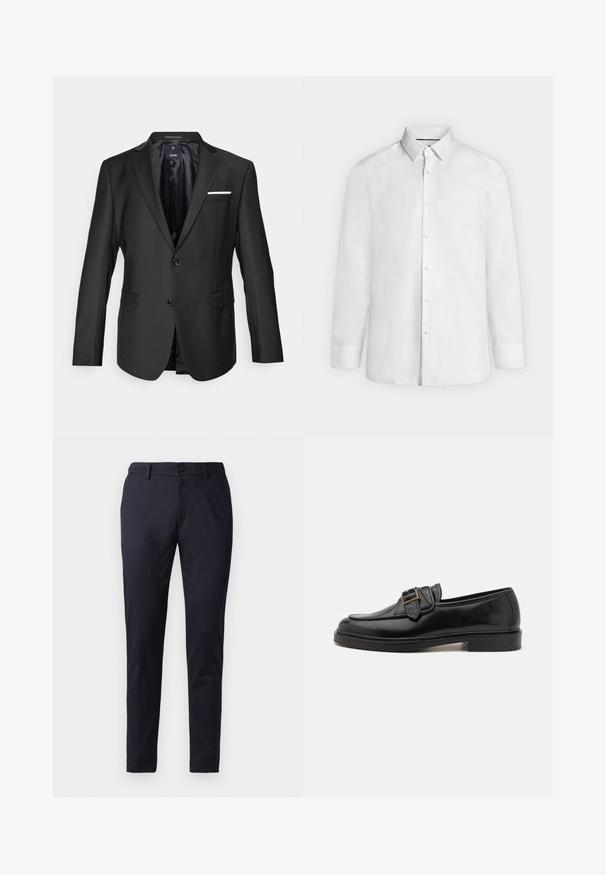 Blazer negro de tejido liso con solapas de muesca, dos botones marrones, dos bolsillos frontales y un pañuelo blanco como acento.; Camisa blanca de vestir de manga larga con cuello abierto y puños abotonados, mostrada de frente sobre un fondo liso gris claro.; Pantalones marinos de tela suave, con un corte ajustado, lazos para cinturón y un cierre de botón único. Piernas rectas con pliegues sutiles.; Mocasines de cuero negro con punta redonda y un acento decorativo de hebilla. Tacón plano y sólido, con una textura suave en todo el zapato.