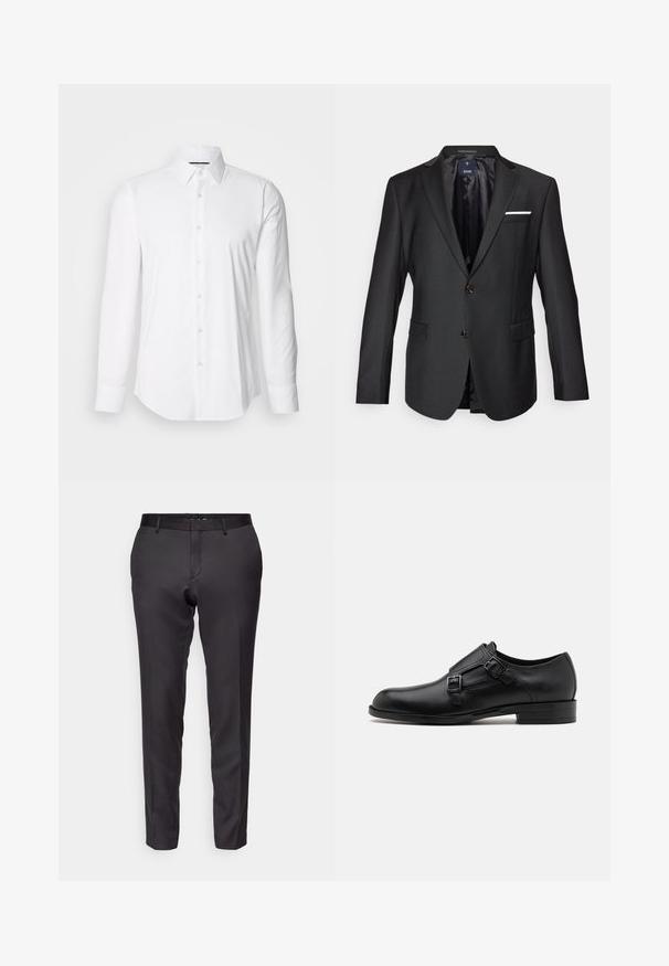 Sort blazer lavet af glat stof med spidse klapper, to brune knapper, to fremadskuende lommer og et hvidt lommetørklæde som accent.; Hvid langærmet skjorte lavet af glat stof, med klassisk krave og knap-front design samt en buet kant. Knapperne er diskret blanke.; Skræddersyede sorte bukser lavet af et glat stof, med slim fit, lige ben og flad frontdesign med bæltestropper.; Sort læderherresko med dobbelte spænder, slank silhuet og rund tå. Har en lav hæl og glat tekstur.