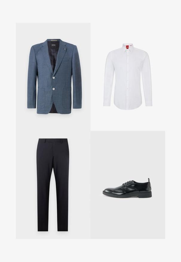 Blazer azul con un diseño estampado, tejido texturizado, dos botones, solapa de pico y dos bolsillos frontales. Presenta un interior forrado para mayor comodidad.; Camisa blanca de manga larga con cuello, que presenta un cierre frontal de botones y un tejido suave y liso. Sin patrones ni acentos visibles.; Pantalones oscuros de navy ajustados, con un frente plano, corte slim, bolsillos laterales y una textura suave; sin patrones o adornos visibles.; Zapato de vestir negro de cuero brillante con tacón bajo, cierre de cordones y puntera redonda, mostrado de lado sobre un fondo claro y liso.