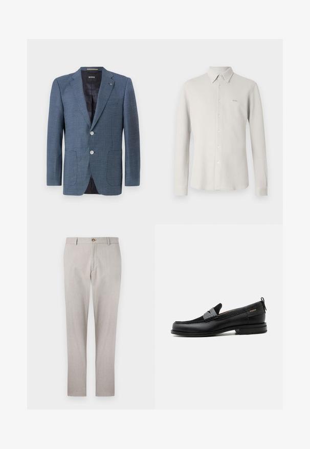 Blazer bleu à motif avec un tissu texturé, deux boutons, revers cranté et deux poches avant. Possède une doublure intérieure pour plus de confort.; Chemise gris clair boutonnée avec un tissu texturé, col et manches longues ; présente un logo "BOSS" subtil sur la poitrine.; Pantalons en lin gris clair avec un design ajusté, fermeture à bouton, poches sur les côtés et coupe droite. Texture douce et détails de couture minimaux.; Mocassin en cuir noir avec détail de bride grise, talon bas et semelle texturée, marqué "HUGO" en or sur le côté.