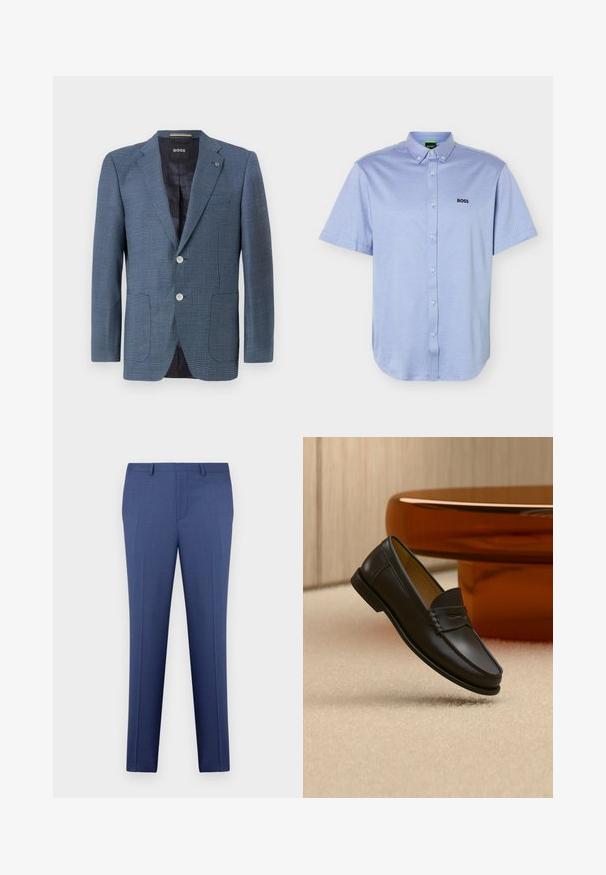 Blauwe blazer met een patroon, gemaakt van een gestructureerde stof, met twee knopen, een notch revers en twee voorkeurszakken. Heeft een gevoerde binnenkant voor extra comfort.; Lichtblauw overhemd met korte mouwen, knoopsluiting en een button-down kraag, met het "BOSS" logo geborduurd op de linkerborst.; Blauwe op maat gemaakte heren dress trousers met riemlussen, voorpand, en plooidetails, tentoongesteld tegen een witte achtergrond.; Zwarte leren loaferschoen zwevend boven een beige tapijt met amberkleurige moderne meubels op de achtergrond.