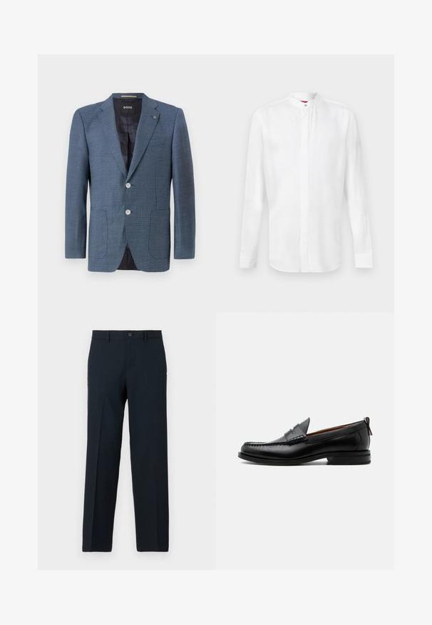 Blauwe blazer met een patroon, gemaakt van een gestructureerde stof, met twee knopen, een notch revers en twee voorkeurszakken. Heeft een gevoerde binnenkant voor extra comfort.; Wit overhemd met lange mouwen, een bandkraag en een verborgen knoopsluiting, afgebeeld tegen een effen lichte achtergrond.; Zwarte slim-fit broek met knoop- en ritssluiting, ceintuurlussen en rechte pijp.; Zwarte leren herensloffen met moc toe stiksel, pennyriem, gestructureerde kraag en lage gestapelde hak op witte achtergrond.