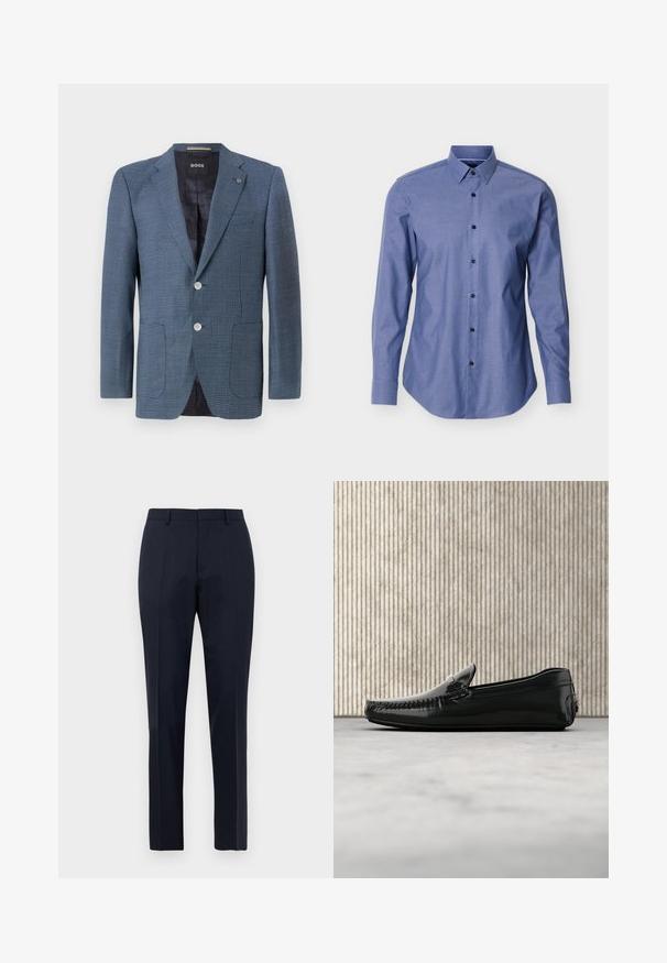 Blauer Blazer mit Muster, aus strukturiertem Stoff, zwei Knöpfen, Reverskragen und zwei Fronttaschen. Verfügt über ein gefüttertes Innenfutter für zusätzlichen Komfort.; Langarm-Blaues Hemd mit spitzem Kragen und schwarzen Knöpfen vorne, vor weißem Hintergrund dargestellt.; Marineblaue, maßgeschneiderte Herrenhosen mit subtilen Karomuster, Gürtelschlaufen und Bügelfalte, frontal auf weißem Hintergrund präsentiert.; Schwarze Lederloafers mit glänzender Oberfläche, runder Zehenpartie und dekorativem Metallbesatz an der Front. Flache Gummisohle. Glatte Textur.