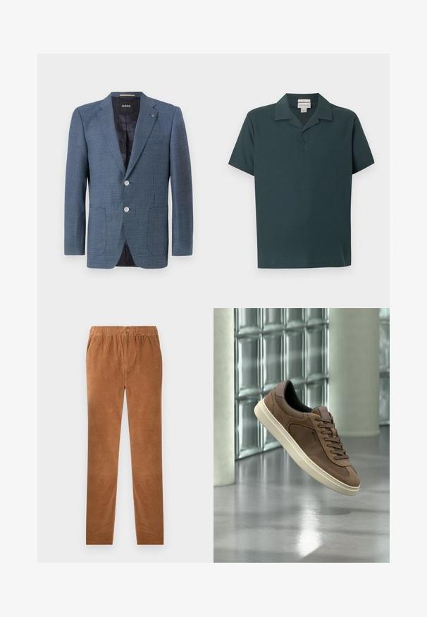Blazer bleu à motif avec un tissu texturé, deux boutons, revers cranté et deux poches avant. Possède une doublure intérieure pour plus de confort.; Polo pour hommes à manches courtes de couleur vert foncé avec patte de boutonnage à deux boutons et col, design uni, présenté sur un fond blanc.; Pantalons en velours côtelé marron avec une taille élastique, dotés d'une fermeture à bouton. Design à jambe droite et tissu doux et texturé.; Baskets en daim et cuir marron avec semelle et lacets crème, flottant au-dessus d'un sol en béton réfléchissant avec un mur en blocs de verre en arrière-plan.