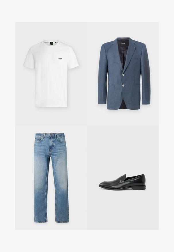 Blauwe blazer met een patroon, gemaakt van een gestructureerde stof, met twee knopen, een notch revers en twee voorkeurszakken. Heeft een gevoerde binnenkant voor extra comfort.; Effen wit T-shirt met korte mouwen en een klein zwart "BOSS"-logo op de linkerborst, getoond tegen een lichte achtergrond.; Lichtblauwe rechtvallende spijkerbroek met vijf zakken en knoopsluiting op een effen achtergrond.; Zwarte leren herenslipper met lage hak, afgeronde neus en klein metalen logo op het riempje, zijaanzicht tegen een effen achtergrond.