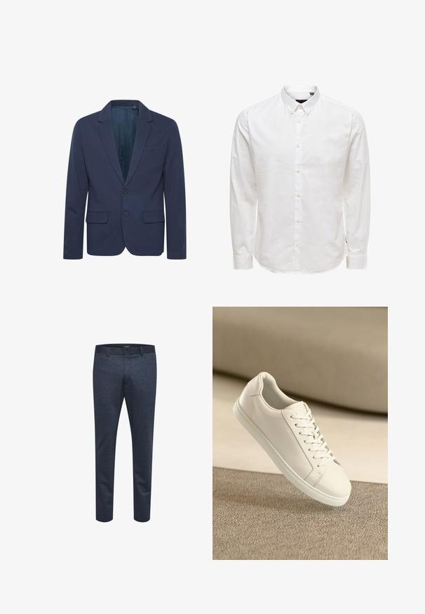 Blazer azul marino con solapa muesca, dos botones y dos bolsillos frontales; hecho de una tela suave con un ligero brillo.; Camisa blanca de manga larga abotonada con cuello, con una textura suave y seis botones en el frente. Corte ajustado y mangas con puños.; Pantalones azul marino de tejido texturizado con corte ajustado, que cuentan con cierre de botón y trabillas para cinturón, adecuados para uso casual o formal.; Zapatilla de cuero blanca con cordones blancos, exhibida sobre una superficie texturizada beige y un suave fondo desenfocado.