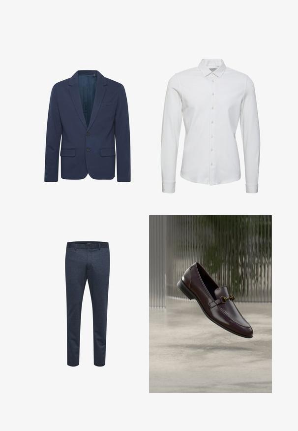 Marineblauwe blazer met een notch-revers, twee knopen en twee voorzakken; gemaakt van een gladde stof met een subtiele glans.; Witte lange mouwen overhemd met knopen, gemaakt van een gladde stof, met een klassieke kraag, een voorplacket met knopen en aansluitende manchetten.; Marineblauwe broek van textuurstof met een slim fit, voorzien van een knoopsluiting en ceintuurlussen, geschikt voor zowel casual als formele gelegenheden.; Bruine lederen loafer met een gladde afwerking, een vierkante neus en gouden accenten. Voorzien van een lage hak en subtiele stikdetails.