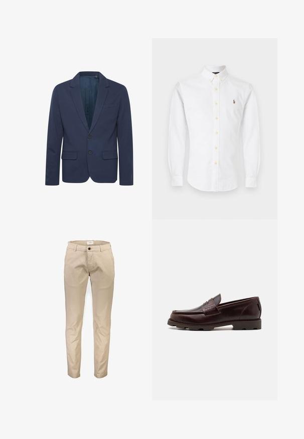 Mørkeblå blazer med notch-krave, to knapper og to forlommer; lavet af glat stof med en subtil glans.; Hvid langærmet knap-ned skjorte med knappet krave og lille broderet logo på venstre bryst.; Beige bomuldsbukser med lige ben, der har frontlommer, lynlås og en enkelt knaplukning. Glat tekstur, uden mønstre.; Brune læder loafer med en mokkasinstil overdel, tekstureret syning og en robust sål med multidirektionale dæk.