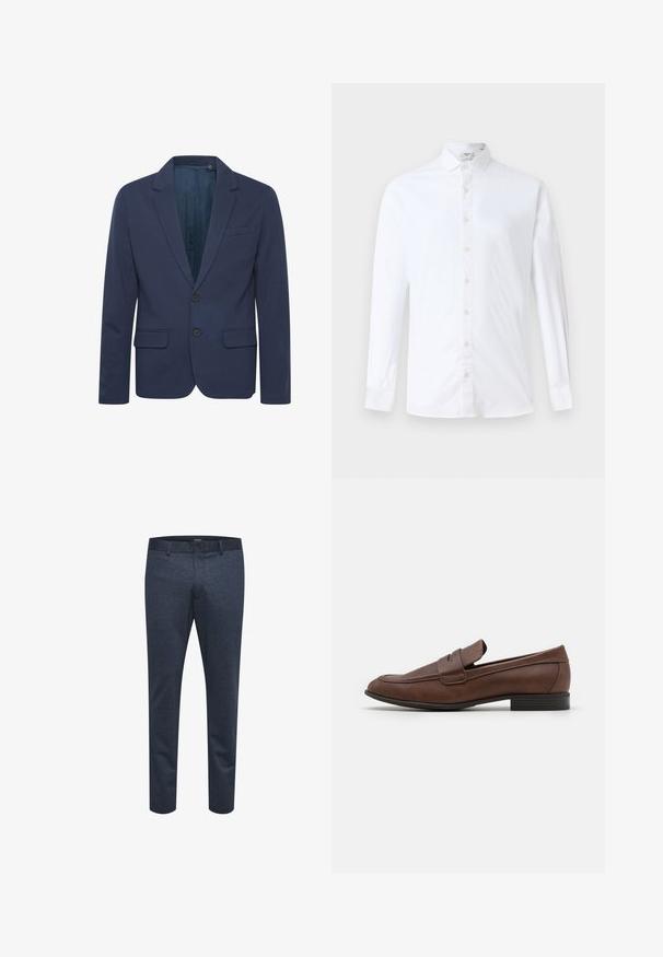 Blazer azul marino con solapa muesca, dos botones y dos bolsillos frontales; hecho de una tela suave con un ligero brillo.; Camisa de botonadura larga blanca de algodón, con cuello clásico, corte recto y una textura suave con botones a juego.; Pantalones azul marino de tejido texturizado con corte ajustado, que cuentan con cierre de botón y trabillas para cinturón, adecuados para uso casual o formal.; Mocasín de cuero marrón con un acabado texturizado, que presenta un upper cosido y una suela plana de goma. El diseño tiene una silueta clásica y sutil.
