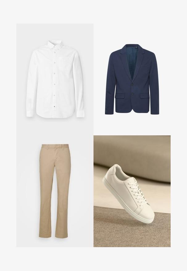 Blazer azul marino con solapa muesca, dos botones y dos bolsillos frontales; hecho de una tela suave con un ligero brillo.; Camiseta blanca de manga larga hecha de algodón. Presenta un cuello abotonado, bolsillo delantero y textura sutil. Dobladillo recto con cierres de botones.; Pantalones rectos beige de tela de algodón con parte delantera plana y trabillas para cinturón. Presenta un cierre de botón único y puños rematados.; Zapatilla de cuero blanca con cordones blancos, exhibida sobre una superficie texturizada beige y un suave fondo desenfocado.