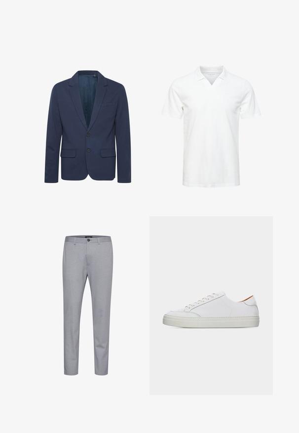 Marineblaues Blazer mit Reverskragen, zwei Knöpfen und zwei Vordertaschen; aus glattem Stoff mit einem subtilen Glanz gefertigt.; Weißes Poloshirt mit kurzen Ärmeln und V-Ausschnitt, aus weichem Stoff gefertigt; mit einem dezenten Logo auf der Brust. Glatte Textur, lässige Passform.; Grau gemusterte Hose aus Stoff mit glatter Textur. Verfügt über einen Knopfverschluss und ein schmal zulaufendes Design.; Weißer Leder-Sneaker in niedriger Ausführung mit Schnürung vorne, dicker Sohle und minimalen Nahtdetails vor einem schlichten hellen Hintergrund.