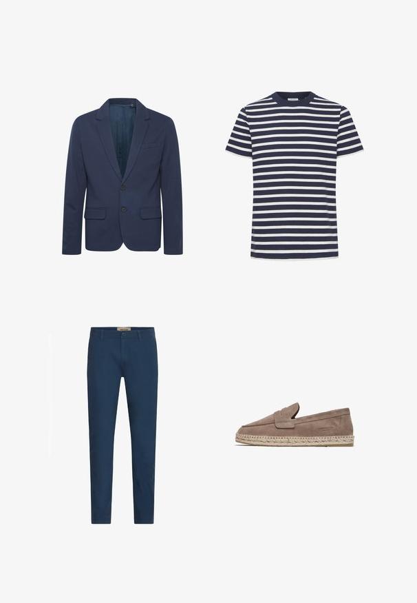 Blazer azul marino con solapa muesca, dos botones y dos bolsillos frontales; hecho de una tela suave con un ligero brillo.; Camiseta de manga corta a rayas azul marino y blanca con textura acanalada y cuello redondo. Diseño simple y casual.; Pantalones de hombre con corte ajustado en azul marino, con pasadores para cinturón, cierre frontal de botón y bolsillos laterales, presentados sobre un fondo blanco.; FRED MARTIN COLLECTION MARBELLA - Alpargatas - taupe suede